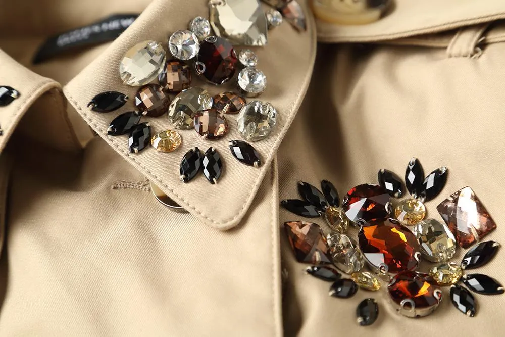 Classic autumn winter luxury limited edition handmade beaded khaki trench coat - Siaha Hearts
